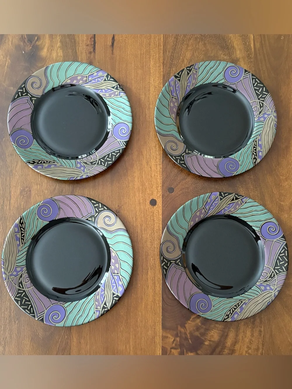 VTG Arcoroc “Tampico” 12 pc Black Plates & Saucer Set Abstract Purple Teal Rim